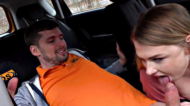 Blonde in stockings teaches her trimmed pussy how to pay for her lessons with a hot fuck and cumshot in the car