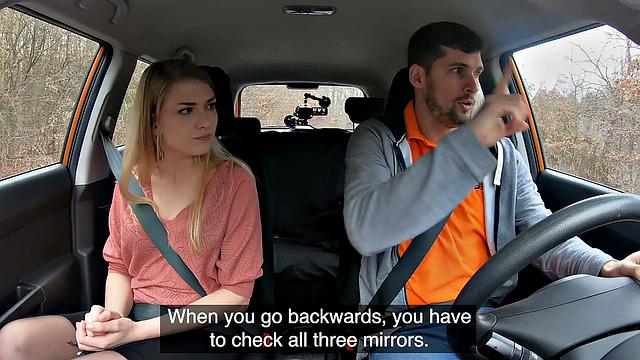 Blonde in stockings teaches her trimmed pussy how to pay for her lessons with a hot fuck and cumshot in the car