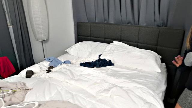 Watch this blonde amateur with glasses ride a hard cock in the bedroom and get a trimmed pussy facial