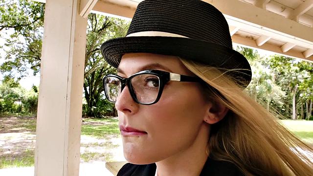 Watch this blonde amateur with glasses ride a hard cock in the bedroom and get a trimmed pussy facial