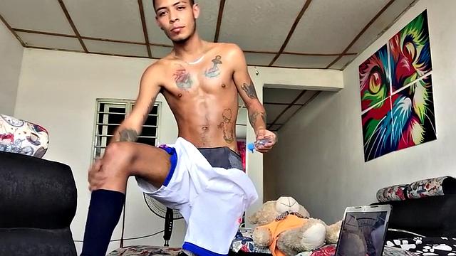 Inked Latin twink strips and strokes his peckrr