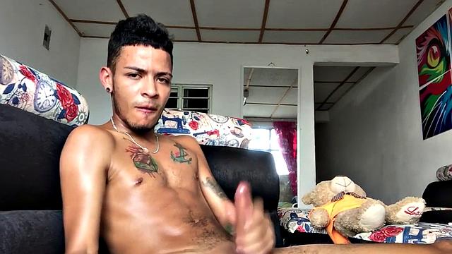 Inked Latin twink strips and strokes his peckrr