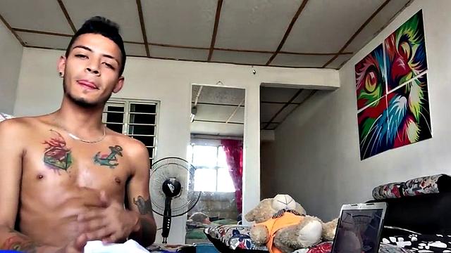 Inked Latin twink strips and strokes his peckrr
