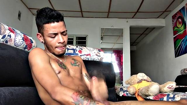 Inked Latin twink strips and strokes his peckrr