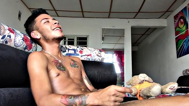 Inked Latin twink strips and strokes his peckrr