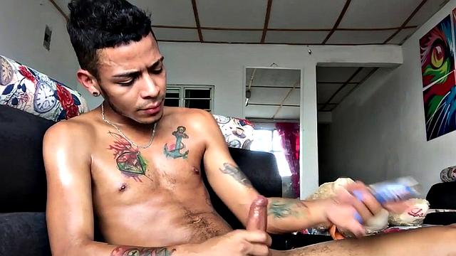 Inked Latin twink strips and strokes his peckrr