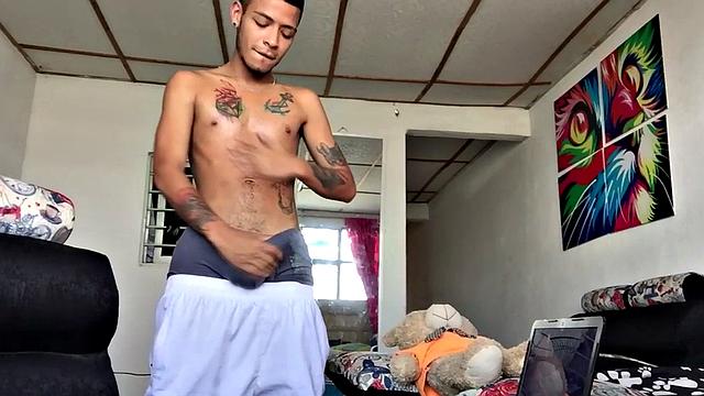 Inked Latin twink strips and strokes his peckrr