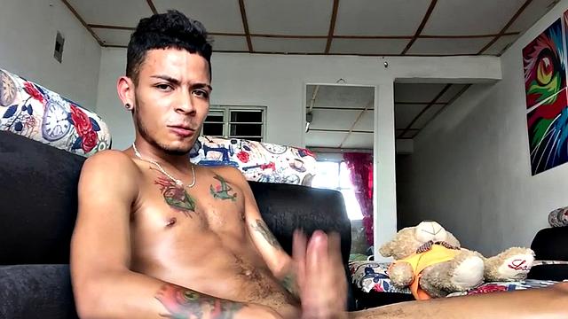 Inked Latin twink strips and strokes his peckrr