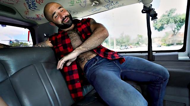 Amateur stud fucks facial DILF in public van outdoors