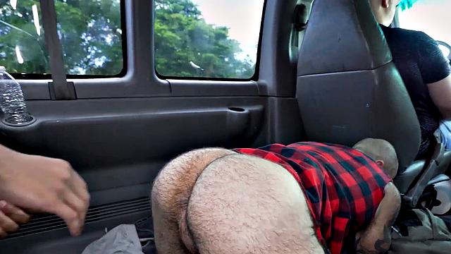 Amateur stud fucks facial DILF in public van outdoors