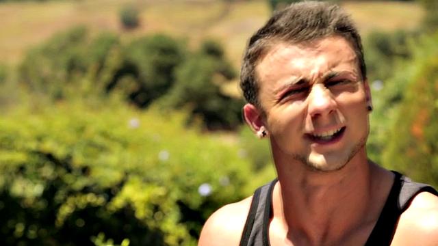 Shaved hunk teases butt and masturbates in solo action