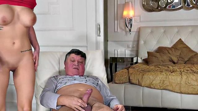 Lucky grandpa fucks hot babe in shaved pussy
