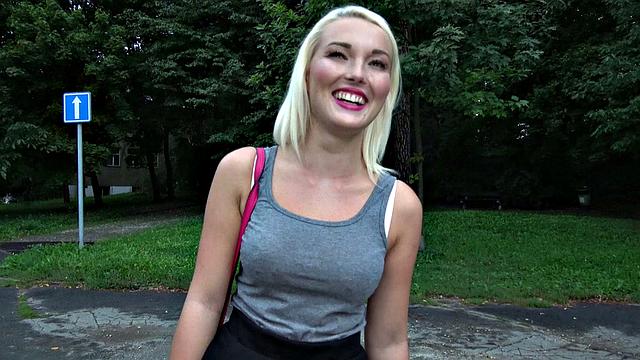 Blonde chick with a piercing gets her bald pussy pounded by a lost stranger in public