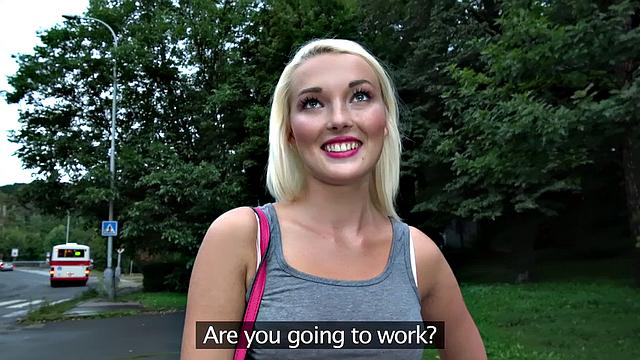 Blonde chick with a piercing gets her bald pussy pounded by a lost stranger in public