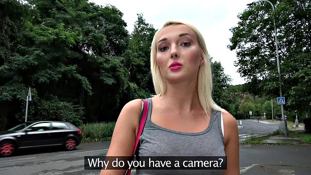 Blonde chick with a piercing gets her bald pussy pounded by a lost stranger in public