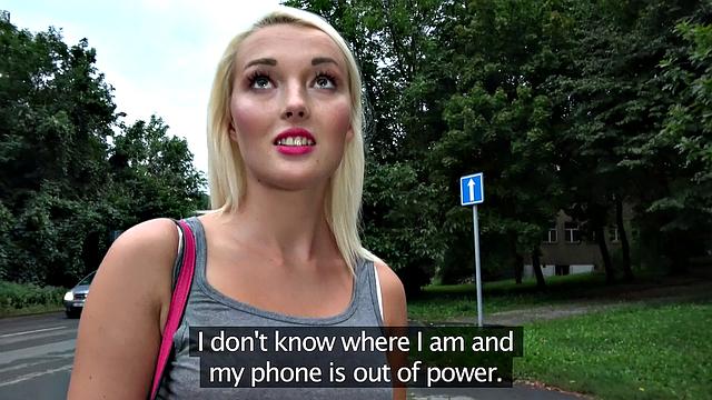 Blonde chick with a piercing gets her bald pussy pounded by a lost stranger in public