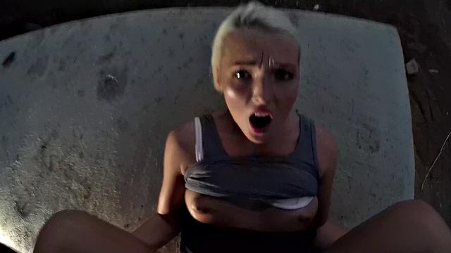 Blonde chick with a piercing gets her bald pussy pounded by a lost stranger in public