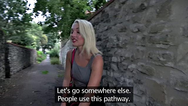 Blonde chick with a piercing gets her bald pussy pounded by a lost stranger in public