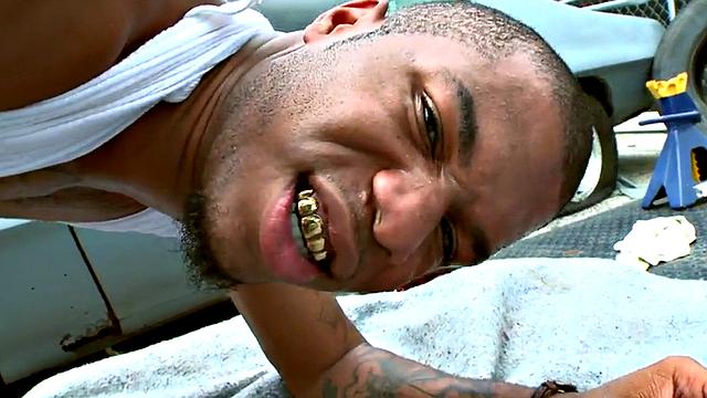 Ebony thug picked up and drilled outdoors by white top for cash