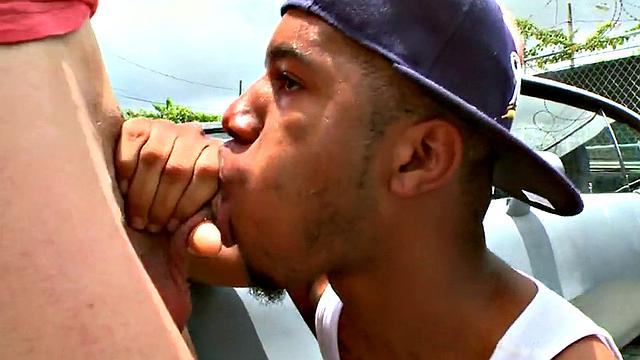 Ebony thug picked up and drilled outdoors by white top for cash