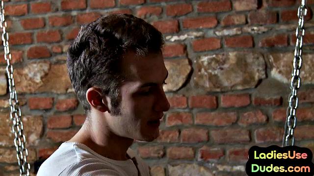 Domina cute babes pigging out pathetic loser in 3some