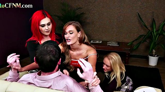 CFNM amateur British femdoms jerk lucky cock in a group