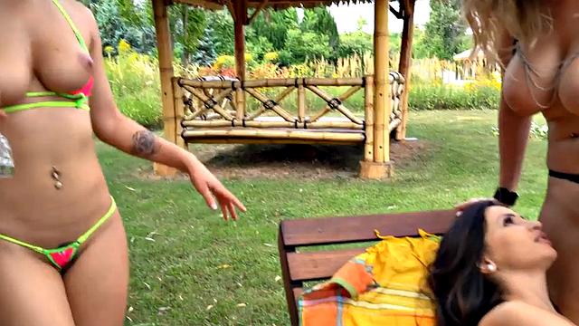 Petite ebony got both holes fingered in 3some