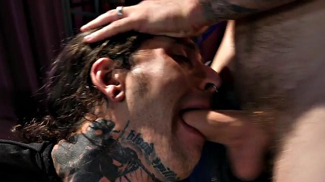 Tattooed gay deepthroating BFs cock