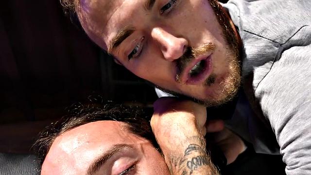 Tattooed gay deepthroating BFs cock