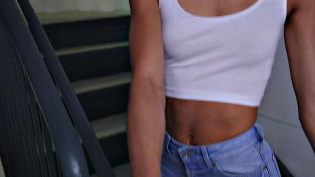 Skinny black babe picked for blowjob and indoor sex