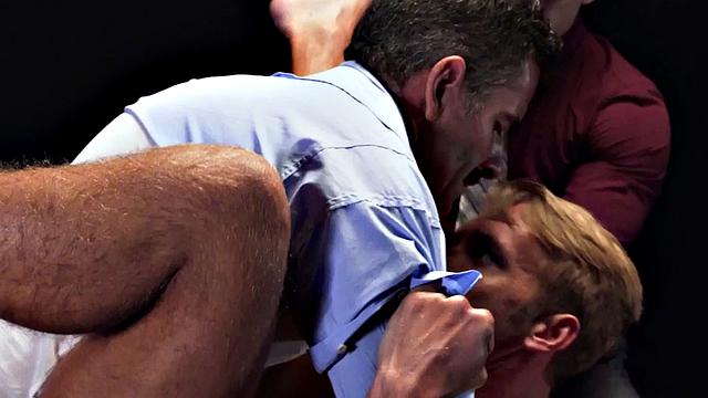 Masonic daddies fuck oiled stud bottom in 3some action