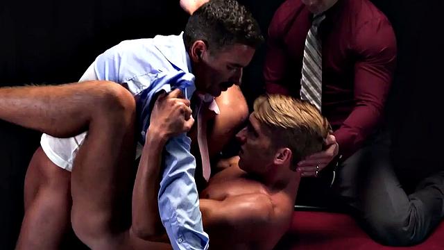Masonic daddies fuck oiled stud bottom in 3some action