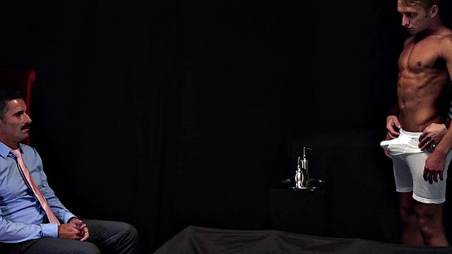 Masonic daddies fuck oiled stud bottom in 3some action