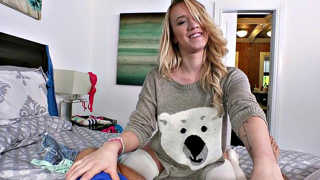 Curly-haired cutie in stockings gets drilled from behind in the bathroom