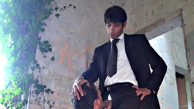 Suited businessman fucks bottom's jockstrap-asshole