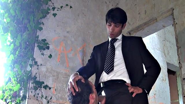 Suited businessman fucks bottom's jockstrap-asshole