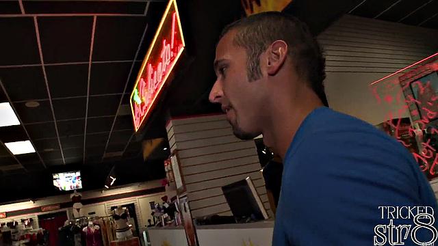 Busty guy cocksucked in gloryhole