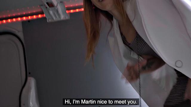 Classy babe in stockings banged by fake priest in van