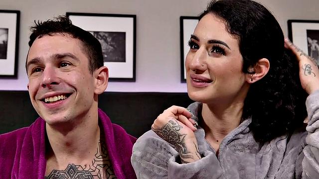 Femdom inked busty MILF enjoys 69 HJ with sub