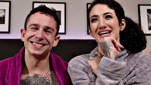 Femdom inked busty MILF enjoys 69 HJ with sub