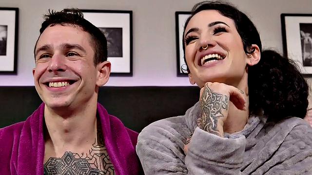 Femdom inked busty MILF enjoys 69 HJ with sub