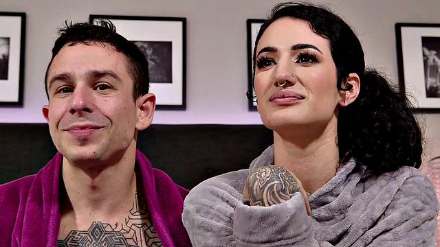 Femdom inked busty MILF enjoys 69 HJ with sub