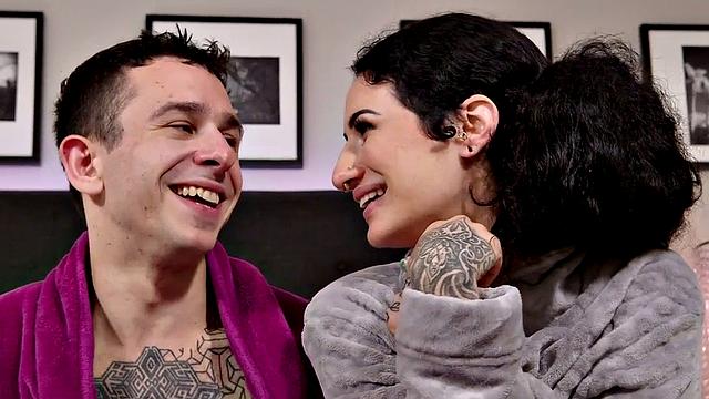 Femdom inked busty MILF enjoys 69 HJ with sub