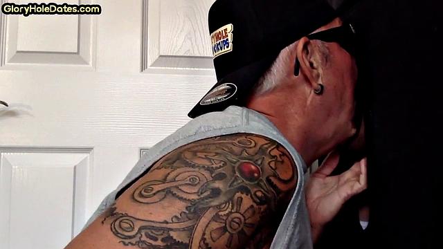 Gloryhole mature swallows cum after cocksucking