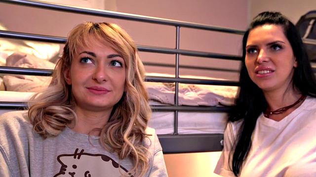 Blonde Euro backpackers with glasses and tattoos take turns fucking in threesome with manager in hostel