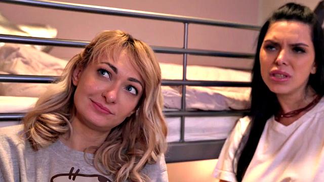 Blonde Euro backpackers with glasses and tattoos take turns fucking in threesome with manager in hostel