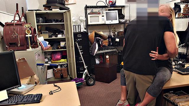 Pawnshop slut fucked in doggystyle by BWC in meeting room