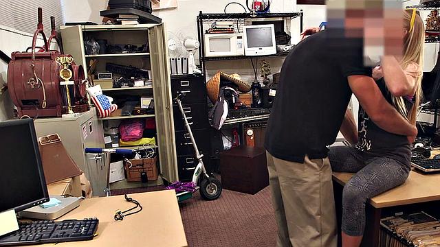 Pawnshop slut fucked in doggystyle by BWC in meeting room