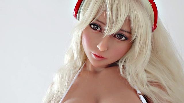 Hot blonde doll in white stockings & big tits cosplay gets naughty