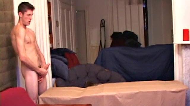 Cock, Marc quickly gets himself hard and positions to cum as far as he can. And what a shot he makes! He shoots nearly to the end of a table.